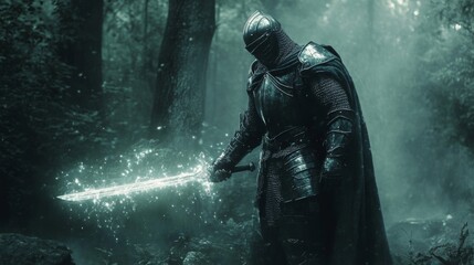 A Knight in Full Armor Holding a Glowing Sword in a Foggy Forest