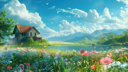 Wall Mural - animation cottage by lake with flower field and mountains generated with ai