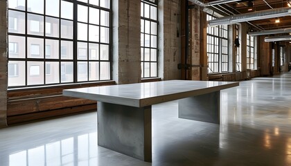 Wall Mural - Chic Polished Concrete Table Set Against Industrial Windows in Spacious Urban Loft for Stylish Product Presentation