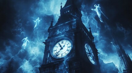 Ghosts Hovering Around a Large Clock Tower in a Blue, Cloudy Sky