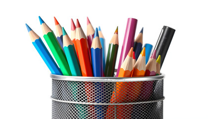 Colored pencils and pens in a pencil holder silver isolated from the white or transparent background isolated with white highlights, png