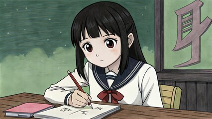 Sticker - Anime Schoolgirl Writing in a Notebook