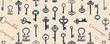 © Svitlana - Elegant vintage keys and locks with ornate designs on a soft background, flat, vector illustration, seamless pattern background design.