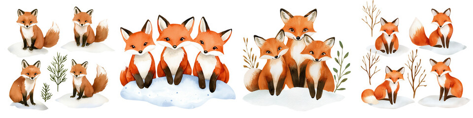 A charming collection of playful foxes in a snowy landscape, perfect for wildlife enthusiasts and nature lovers.