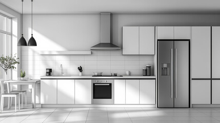 Sticker - A kitchen with a stainless steel refrigerator and oven