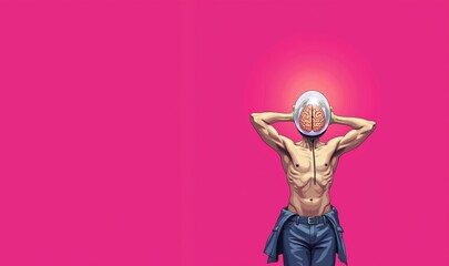 A striking illustration of a muscular figure with a brain for a head, symbolizing intelligence and creativity against a vibrant pink backdrop.