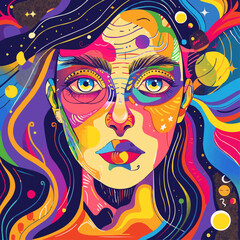 Wall Mural - Pop art style portrait with bold colors and graphic elements, flat portrait, vector illustration.