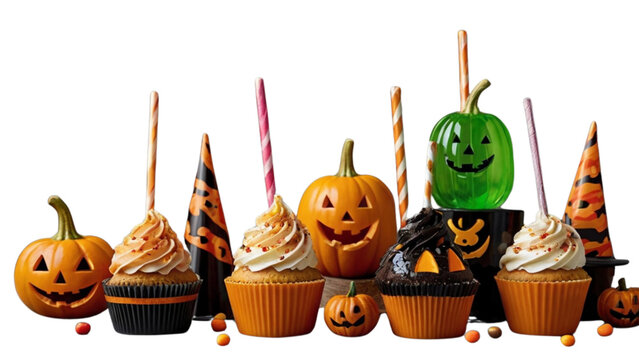 Halloween pumpkin cupcakes with candy and candles