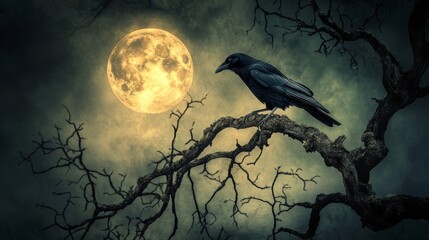 a black raven perched on a bare branch under a full moon