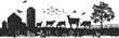 © Svitlana - Rustic barnyard, chickens, cows, and farm equipment, countryside silhouettes, black silhouette, vector illustration, flat style.