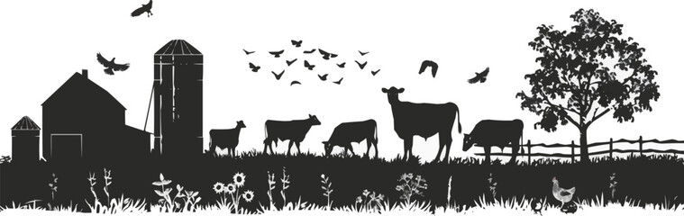 Rustic barnyard, chickens, cows, and farm equipment, countryside silhouettes, black silhouette, vector illustration, flat style.