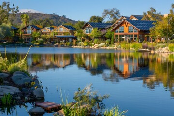 Illustration of A tranquil lakeside community with solar-powered homes, organic gardens, and local shops promoting eco-friendly products, with a community board showcasing carbon credit achievements. 