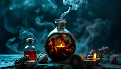 Magic potion or herbal medicine concept background isolated with white highlights, png