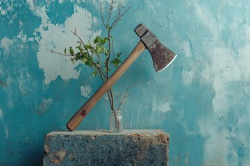 Poster - Rustic Axe and Branch in a Glass Jar against a Blue Textured Wall