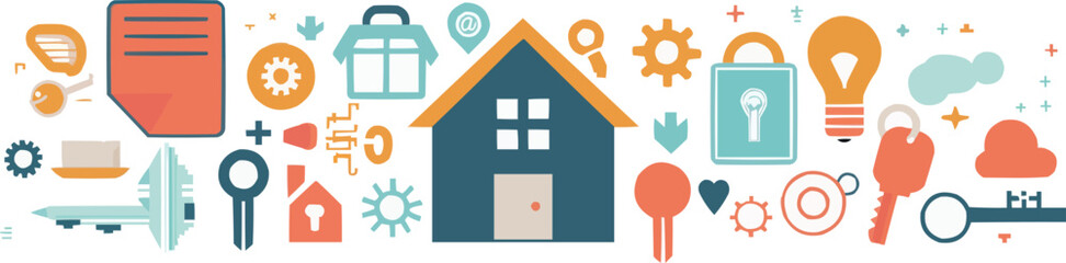 Poster - Group of home icons such as house, key, and light bulb, vector illustration, flat style, icon set.