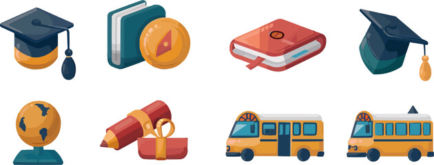Poster - Group of education icons including book, graduation cap, and school bus, vector illustration, flat style, icon set