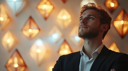 A thoughtful young man stands confidently, gazing upward against a backdrop of stylish illuminated wall art.