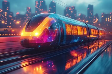 abstract lowpoly train zooming across a geometric bridge rendered in bold colors to represent speed and innovation in transportation