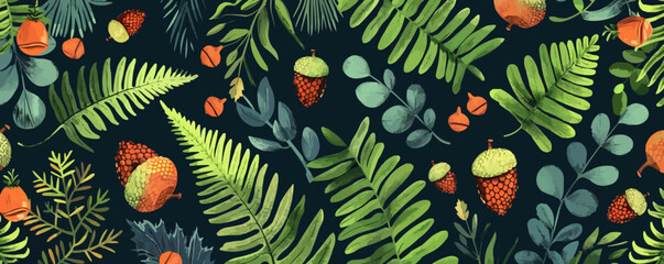 Wall Mural - Forest ferns and acorns seamless pattern background, natural woodland plants and seeds, vector pattern.