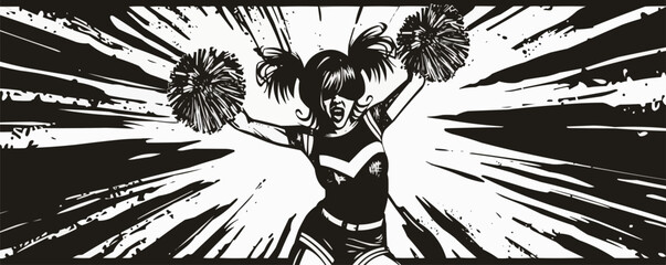 Poster - Fun pin-up cheerleader with pom-poms, jumping in the air, vector illustration, pin-up style, scratch board imitation, black and white image.