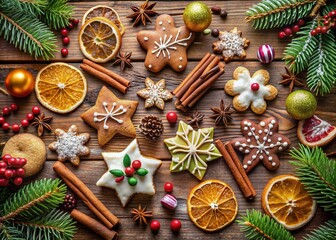 Vibrant holiday flat lay featuring assorted festive cookies, sparkling spices, and sweet treats on a rustic wooden table, evoking a cozy Christmas atmosphere.