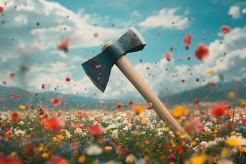 Wall Mural - Rusty Axe Sticking Out of a Field of Flowers