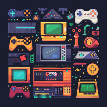 Retro arcade machine with pixelated graphics and gaming elements, nostalgic fun, vector illustration for t-shirt, flat style.