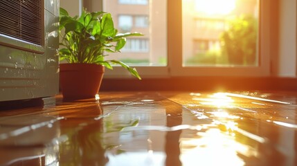 water pooling on a hardwood floor beneath a faulty window ac
