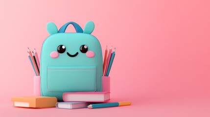 Poster - A cute backpack with smiling face and stationery, perfect for school supplies.