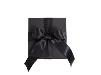 Black Friday Sale. Black gift box with ribbon bow isolated on white transparent, top view