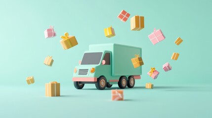 Canvas Print - A pastel-colored toy truck surrounded by floating gift boxes, symbolizing delivery and celebration.