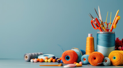 a variety of vibrant sewing supplies, including spools of thread, scissors, and beads, arranged on a