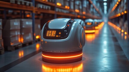 Poster - Futuristic warehouse with robots using AI for efficient inventory management