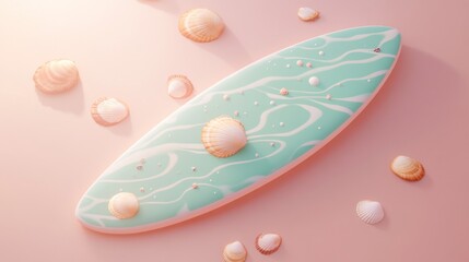 Poster - A stylized surfboard surrounded by seashells, evoking a beachy, playful vibe.