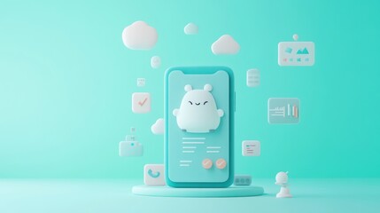 Wall Mural - A smartphone displaying a cute character with various app icons in a vibrant setting.