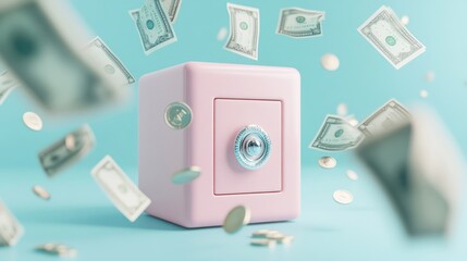 Wall Mural - A pink safe surrounded by flying dollar bills and coins, symbolizing wealth and savings.