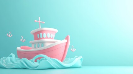 Wall Mural - A whimsical boat floating on stylized waves against a soft blue background.