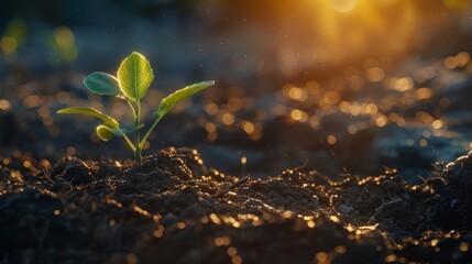 A small green plant emerging from dark soil under soft sunlight in the morning, symbolizing life and growth in nature.