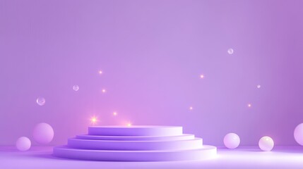 Wall Mural - A minimalist purple stage with circular platforms and floating orbs, ideal for presentations.