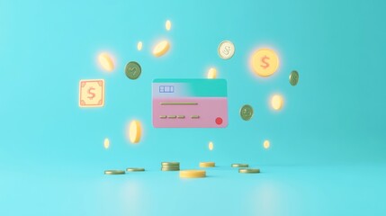 Poster - A digital illustration of a credit card surrounded by coins and dollar symbols.