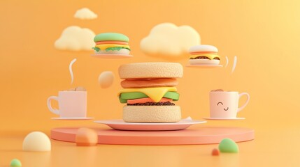 Sticker - A colorful, playful 3D illustration of a burger with floating drinks and snacks.