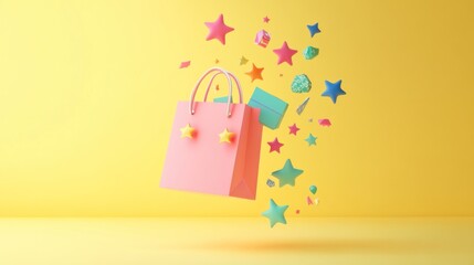 Sticker - A colorful shopping bag surrounded by vibrant stars and shapes, symbolizing fun shopping.