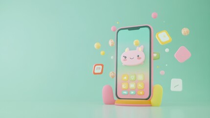 Wall Mural - A playful smartphone display featuring a cute character and colorful app icons.