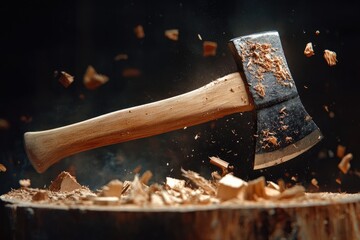 Poster - An Axe Chopping Wood With Flying Wood Chips