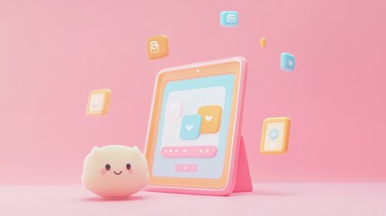 Wall Mural - A cute character beside a tablet displaying colorful app icons on a pink background.