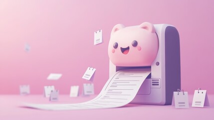 Wall Mural - A cute printer with a pig design printing cheerful documents.