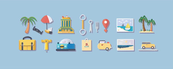 Poster - Collection of travel souvenirs such as postcard, keychain, and magnet, vector illustration, flat style, icon set.