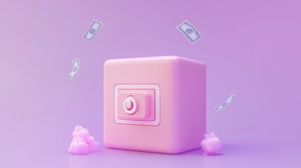 Canvas Print - A pink box with a power button and floating money, symbolizing financial growth.