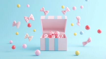 Canvas Print - A pastel gift box overflowing with colorful candies and bows on a soft blue background.