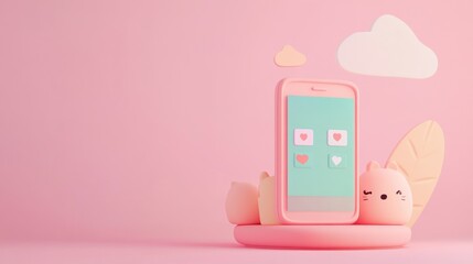 Wall Mural - A pastel-themed smartphone display with cute animal figures and heart icons.